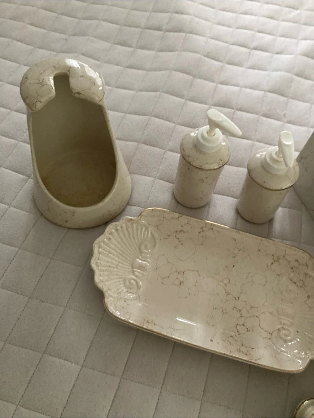Cream/Beige Marble Style Bathroom Ceramic Accessory Set - 7-Piece